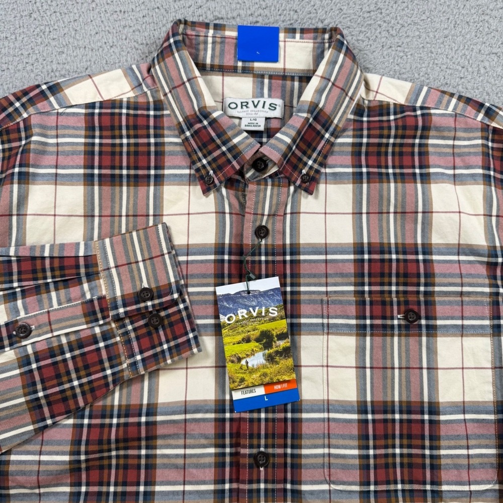 Orvis Mens Large Plaid Button Down Shirt NWT Cotton Long Sleeve Cream Burgundy